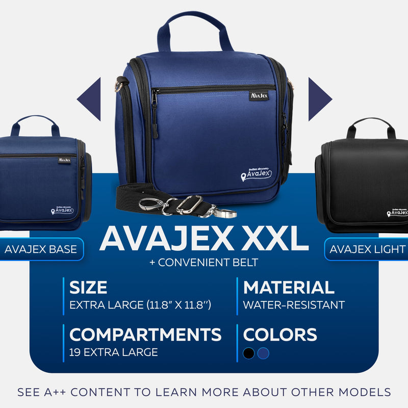 Extra Large (11.8”x11.8”x4”) Hanging Travel Toiletry Bag for Men and Women - Cosmetic Travel Bag With Shoulder Strap - Waterproof Hygiene Bag with Metal Swivel Hook and 19 Compartments for Toiletries XXL Navy Blue