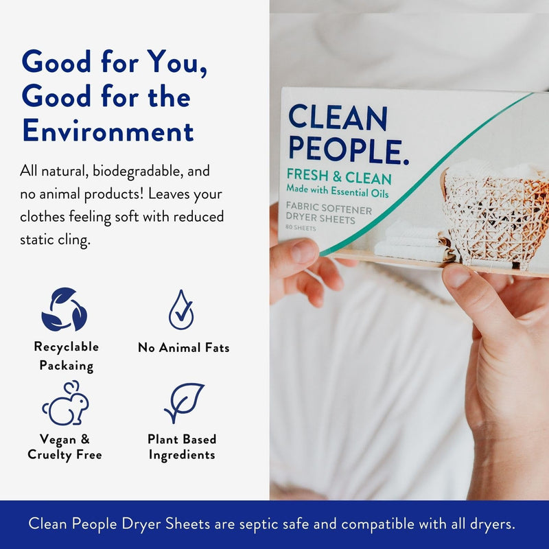 [Australia] - The Clean People Fabric Softener Sheets - Dryer Sheets - Softens & Removes Static Cling - Vegan Laundry Softener With Essential Oils - Fresh Scent, 160 Pack Fresh Clean 