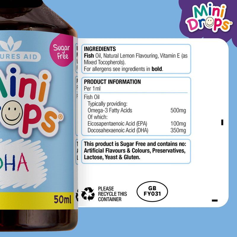 Natures Aid DHA Omega-3 Mini Drops for Babies & Kids 50ml – Supports Brain & Vision Health – Sugar-Free, Vegan, Gluten-Free, Non-GMO – Growth Support for Children Age 0-5 Years Old Dropper Included DHA Omega-3 Liquid Drops 50ml
