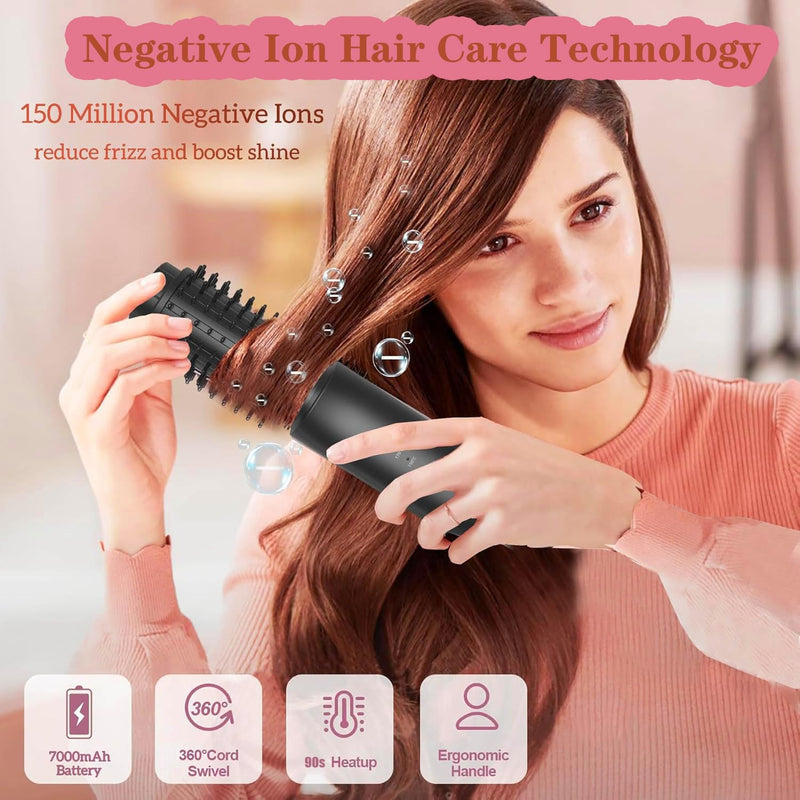 [Australia] - 3-in-1 Cordless Hair Styler: Curling Iron, Heated Brush & Straightener - Portable Rechargeable for Women (Black) Black 