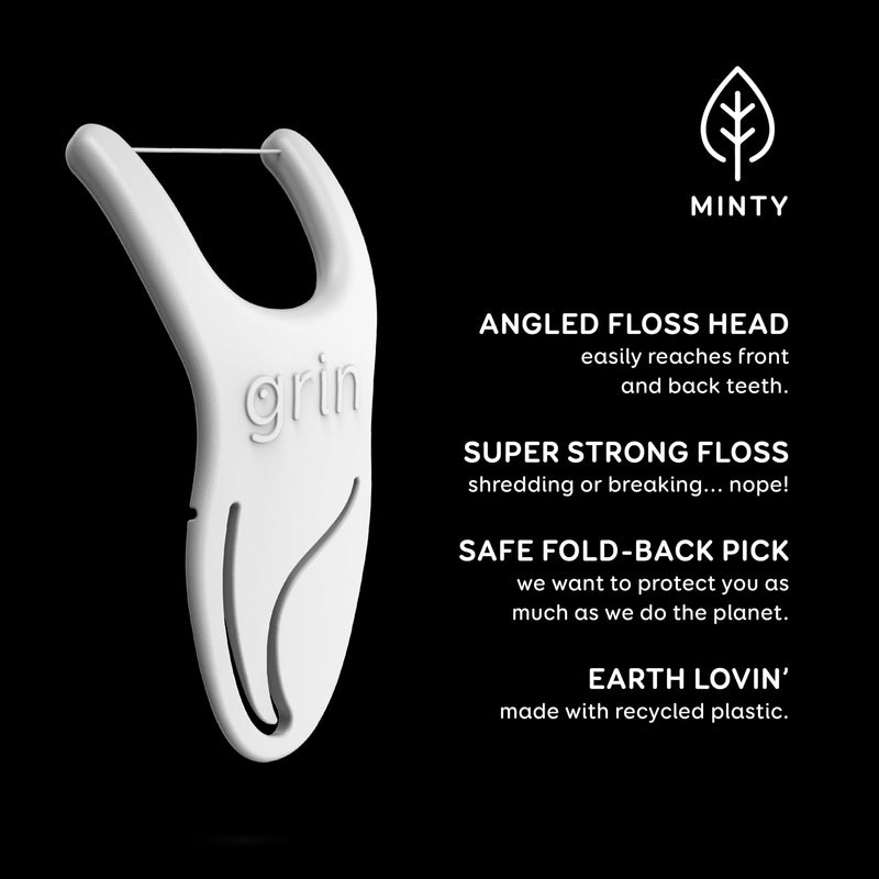[Australia] - GRIN Molar Flosspyx, Floss Picks, 75 Count, Dental Flossers, Minty Flavor, Recycled Plastic, Great for Reaching Back Teeth, Slide Easily Between Teeth, Includes Safe Soft Fold-Back Tooth Pick 75 Foot (Pack of 1) 