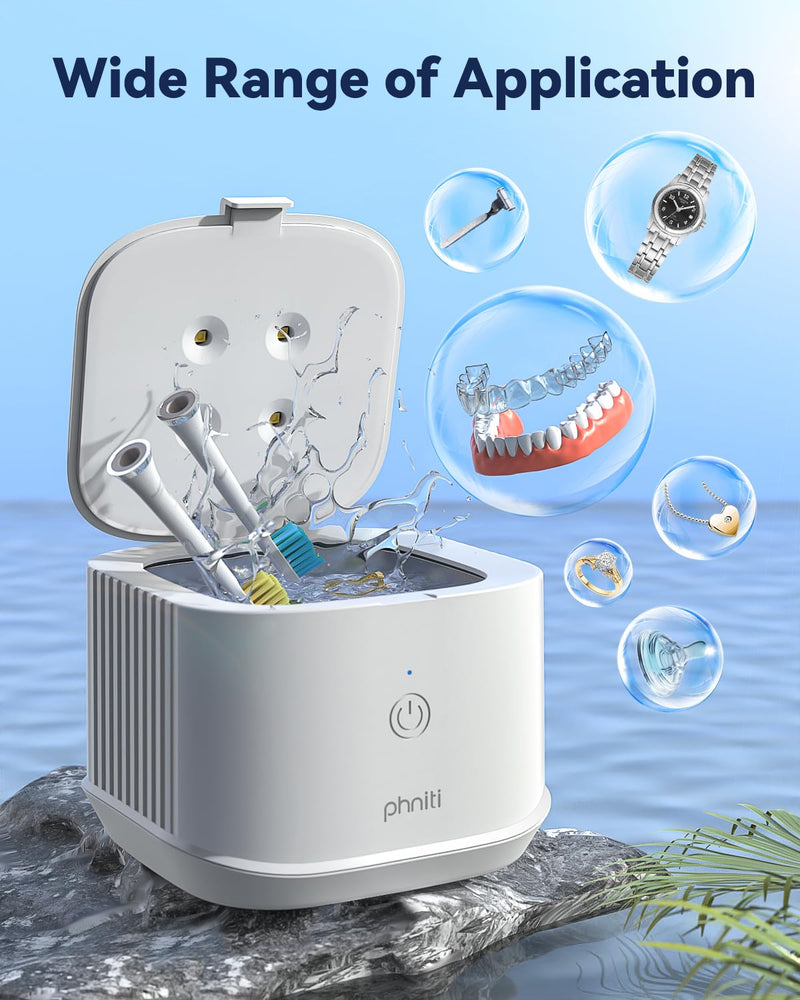 [Australia] - Ultrasonic Retainer Cleaner, Phniti 48kHz Professional Ultrasonic Cleaner Machine for Retainers, Jewelry, Dentures, Mouth Guard, Aligner, Toothbrush Heads, 13OZ Portable Dental Cleaning-White 350ml 