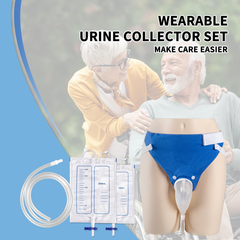[Australia] - Wearable Urine Collection System with 1000ml & 2000ml Drainage Bags, Reusable Silicone Catheter, Soft Adjustable Cotton Pants for All-Day Comfort, Elderly Men Blue Elderly Male Blue 