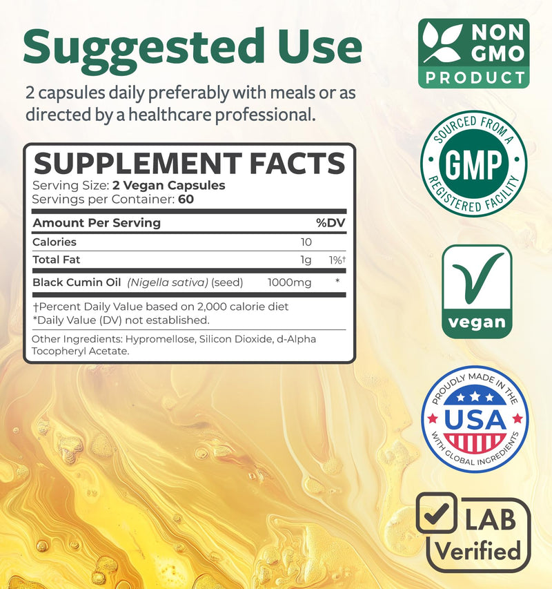Black Seed Oil - 120 Softgel Capsules Skin Health (Non-GMO & Vegan) Cold-Pressed Nigella Sativa Producing Pure Black Cumin Seed Oil with Vitamin E - 500mg Each, 1000mg Per 2 Capsule Serving 120 Count (Pack of 1)