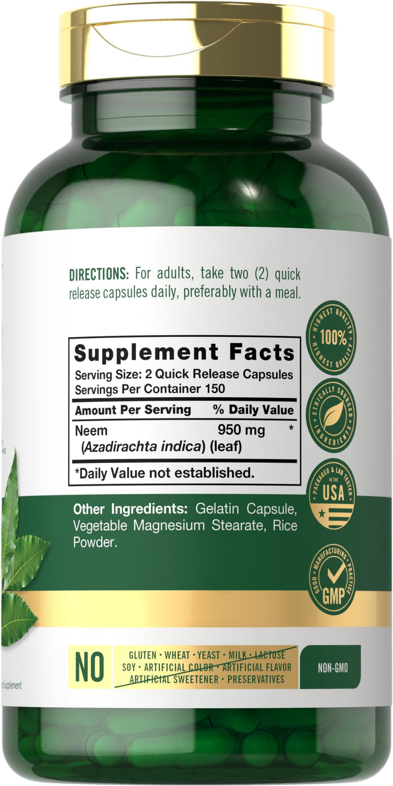 Carlyle Neem Leaf | 950mg | 300 Powder Capsules | Non-GMO and Gluten Free Formula | Value Size | Traditional Herbal Supplement | Azadirachta Indica 300 Count (Pack of 1)