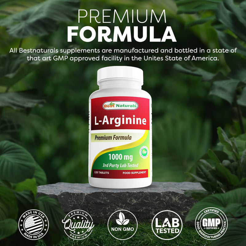 Best Naturals L-Arginine 1000 mg 120 Tablets - Pharmaceutical Grade - (2 Bottles)