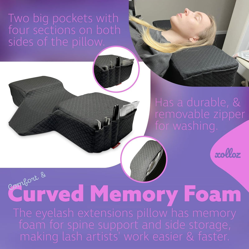 [Australia] - Lash Pillow for Eyelash Extensions - Curved Memory Foam Bed Pillow, Ergonomic Head Rest with Neck Support, Side Pockets for Tools, Fits Lash Beds for Tech – Black 