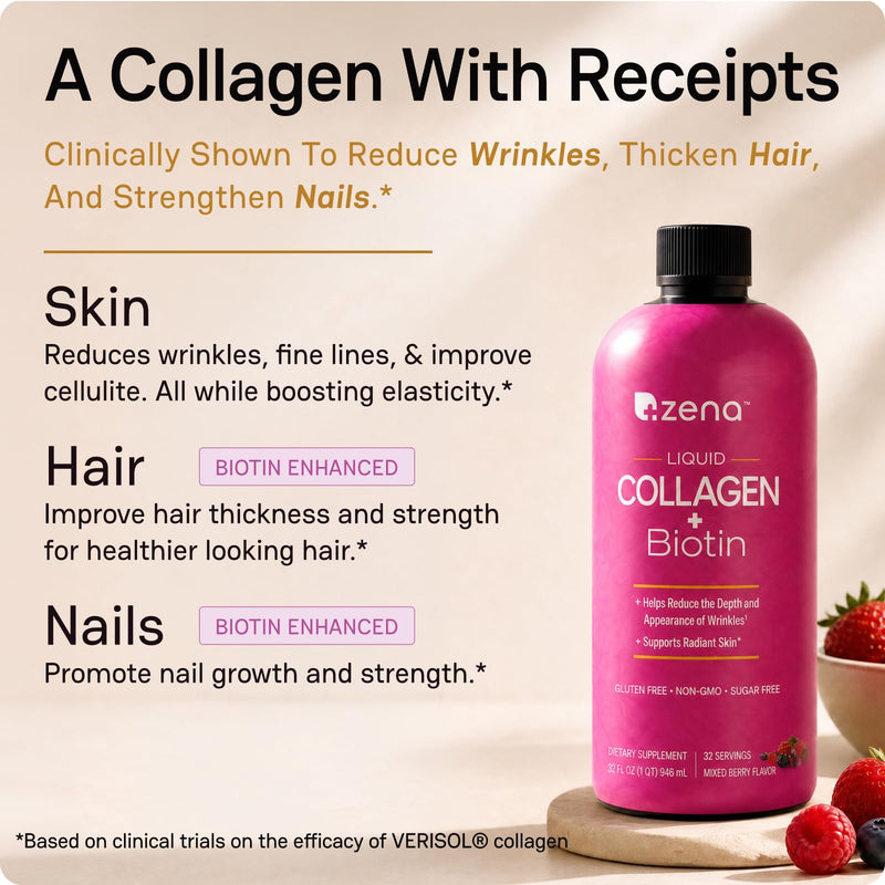 Zena Nutrition Liquid Collagen for Women, Healthier Skin, Hair & Nail, Verisol Collagen Liquid, Biotin and Collagen Peptides Supplements for Women - 20oz 20.3 Fl Oz (Pack of 1)