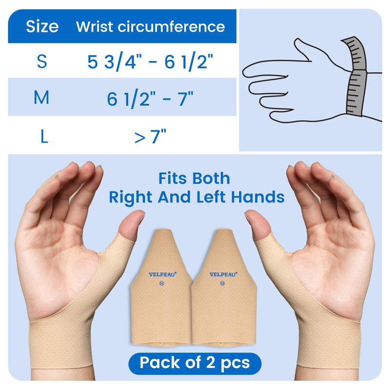 VELPEAU Thumb and Wrist Compression Sleeve for Tendonitis (Pack of 2), Seamless Technology, Gloves Wraps for Arthritis Pain Relief for Women & Men, Splint Liner, Fits Both Hands (Khaki, Long Version, M) Medium Long Version-Khaki