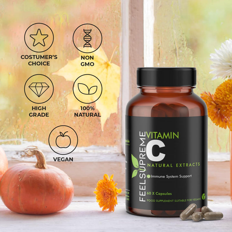 100% Natural Vitamin C Capsules - Immune System Booster, VIT C Supplement, Vitamin C 1000mg, VIT C 1000mg Capsules, Vitamin C Supplements - 60 Capsules