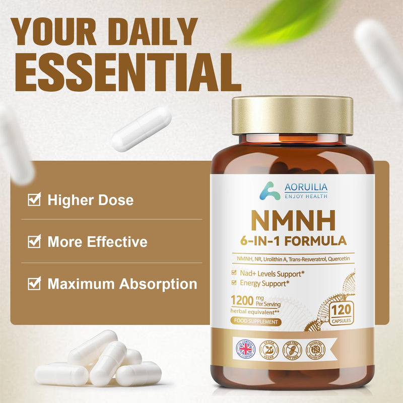 NMNH Supplement 1200mg, 6 in 1 NAD Alternative & Trans-Resveratrol Superior Antioxidant Blend with Max Absorption for NAD+ Booster & Energy Support, 120 Capsules 120 count (Pack of 1)