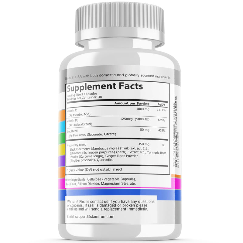 [Australia] - 8 in 1 Immune Support with Quercetin Zinc 50mg Vitamin C 1000mg Vitamin D3 5000 IU and Elderberry Echinacea Ginger for Adults Kids - Vit D Immunity Defense Booster Supplement Veg Capsules Made in USA 