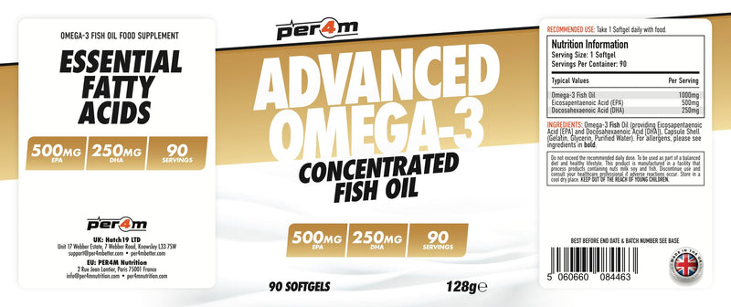Per4m Advanced Omega-3 | Highly Concentrated Fish Oil | Essential Fatty Acids | 500mg EPA & 250mg DHA | 3 Month Supply | 90 Softgels Unflavoured 90 count (Pack of 1)
