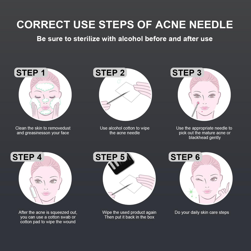 Stainless Steel Blackhead and Acne Removal and Extraction Tool Set, Quickly and Safely Remove Acne, blackheads, pimples, Blemishes, Whiteheads, Comes with Alcohol Tablets and Magnifying Glasses Silver 1 Count (Pack of 7)