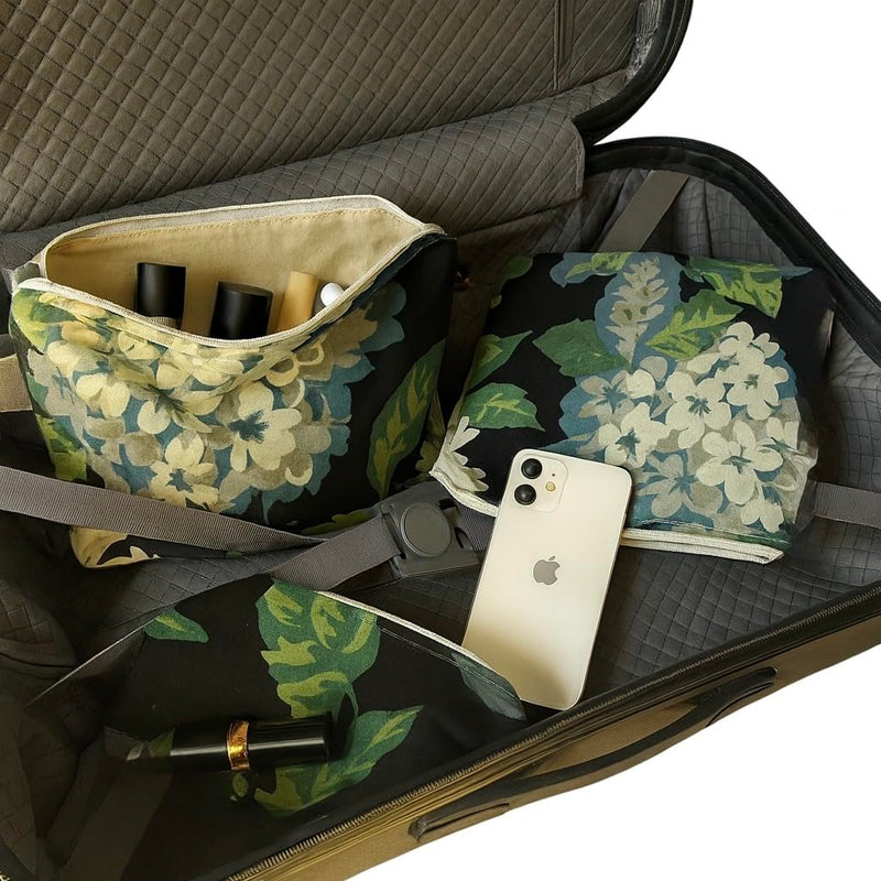 Handmade Canvas Cosmetic Bag Set of 3 with Natural Cotton Lining – Travel Makeup Pouches with Zippered Closure, Floral Pattern