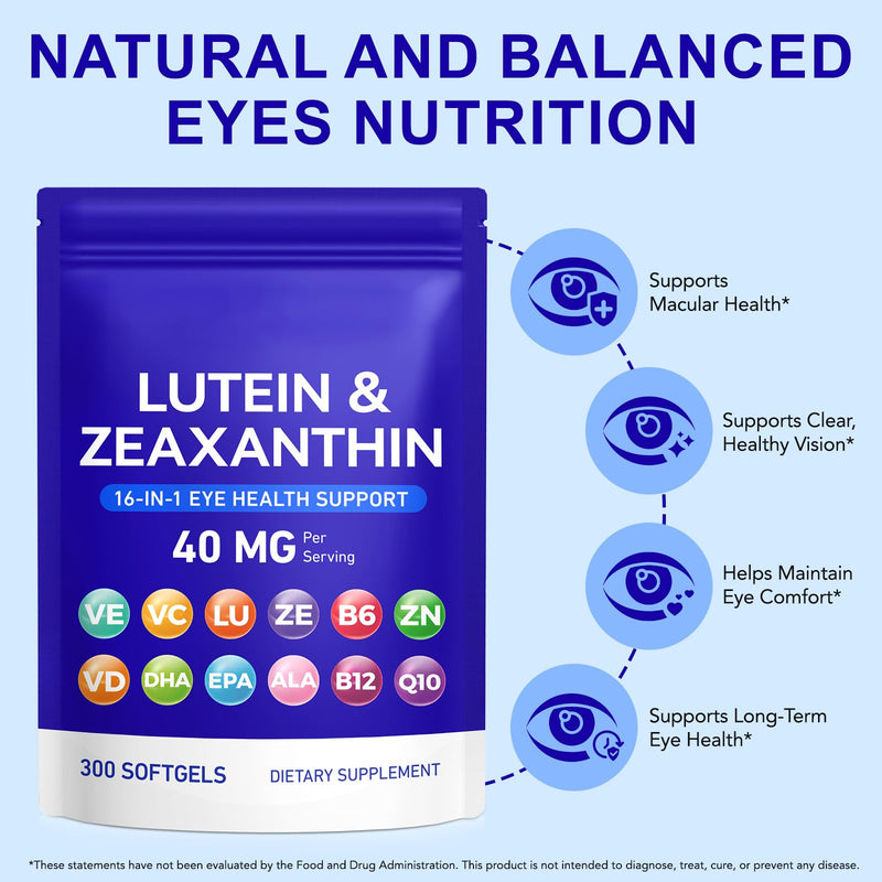 Lutein and Zeaxanthin Supplement, 16 in 1 Eye Vitamins 300 Softgels with 40mg Lutein & 8mg Zeaxanthin, Enriched with Vitamins B6 B12 C D3, Zinc & Omega-3s for Eye Health Support Non-GMO Gluten-Free