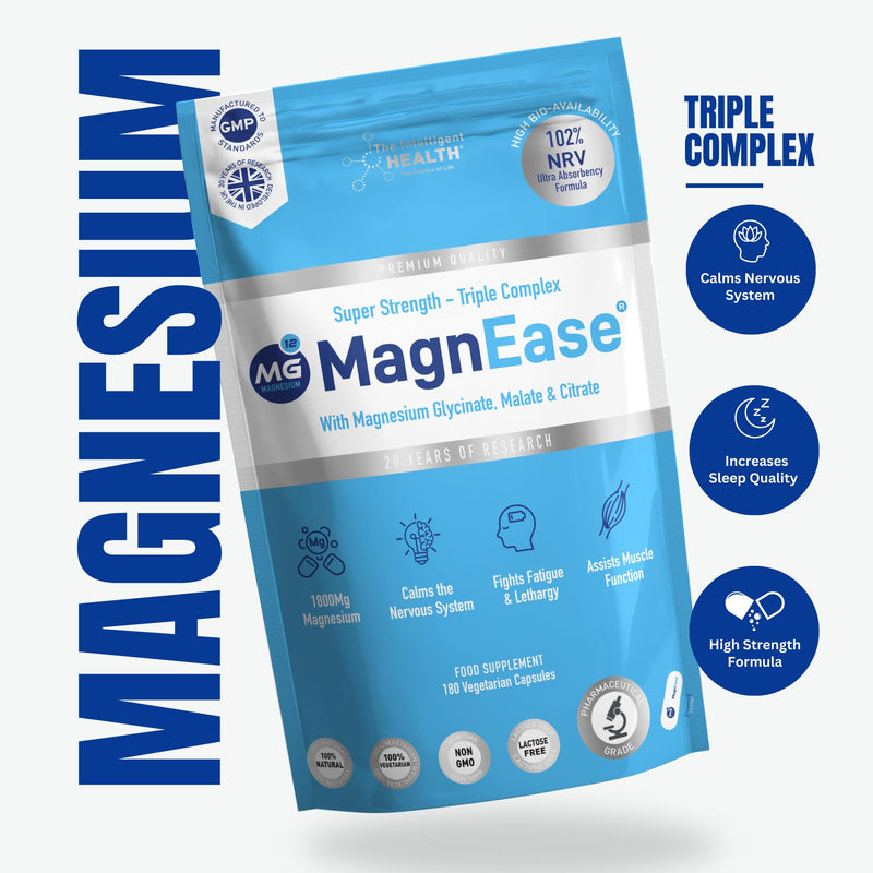 The Intelligent Health MagnEase Magnesium Glycinate 3-in-1 Complex - 1800mg High Bioavailability Magnesium Supplements - with Malate & Citrate for Muscle Function & Fatigue - 180 Capsules