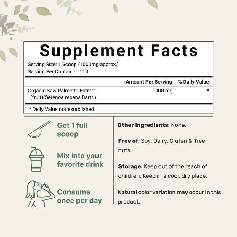 [Australia] - Sustainably US Grown, Organic Saw Palmetto Powder, 4 Ounce, with Active Fatty Acid, Pure Saw Palmetto Prostate & Hair Growth Supplement, Healthy Urination Frequency & Hair Loss Blocker Supplement 