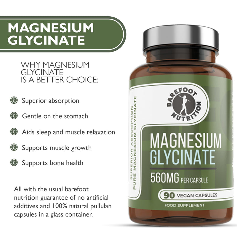 Barefoot Nutrition Magnesium Glycinate Supplement 560mg - 90 x 1-to-3 a Day Capsules. Pullulan Capsule - Superior Absorption: no Synthetic Binders or additives. Vegan & Paleo Friendly 90 count (Pack of 1)