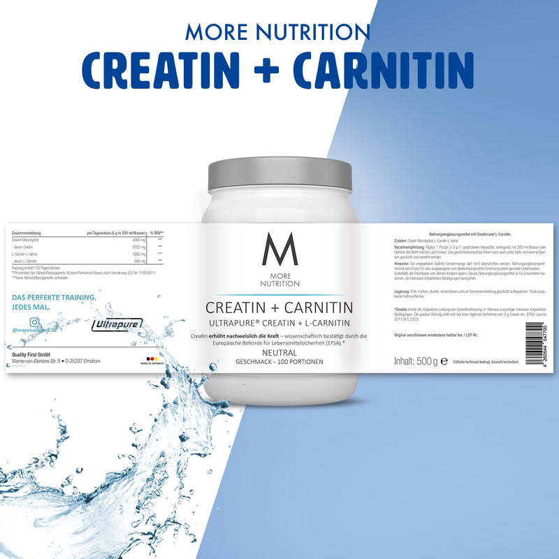 [Australia] - MORE Creatine + Carnitine, 500g, Natural, Creatine Monohydrate Powder 100 Servings (Pack of 1) 