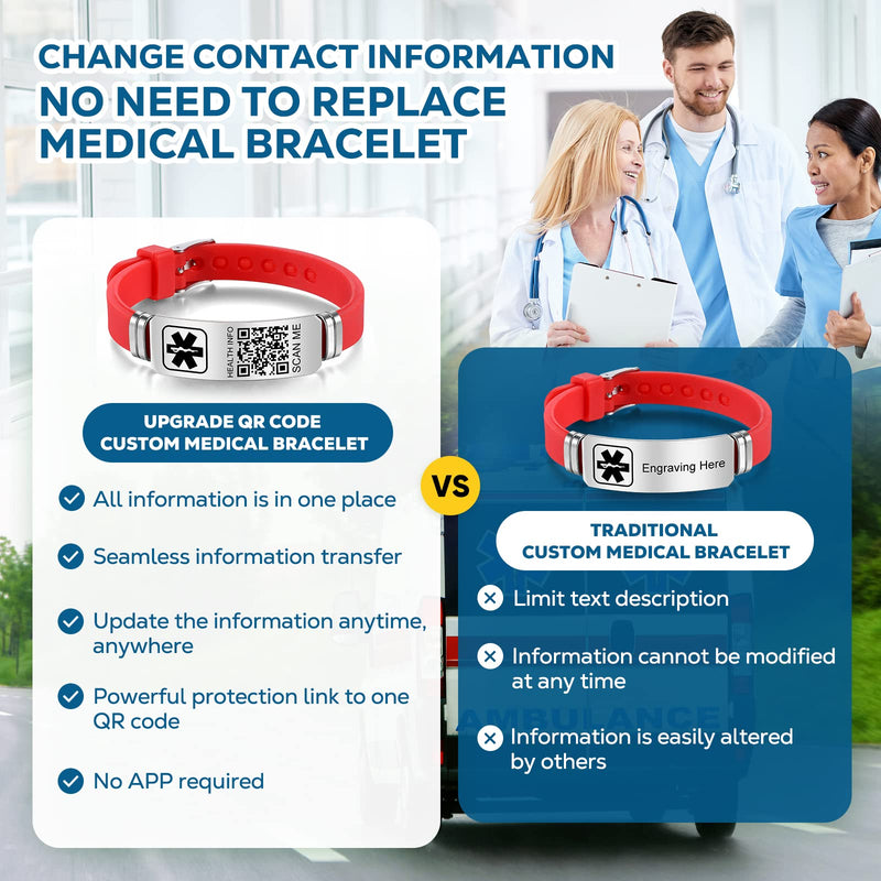 [Australia] - Medical Bracelets for Men Women with QR Code Medical Alert ID Bracelets for Sport Travel - Silicone Waterproof Wristband Fits Wrists Up to 8 inches - More Space Custom Emergency Medic ID Alert Information 9'' Folding Buckle+Adjustable dial - Red 