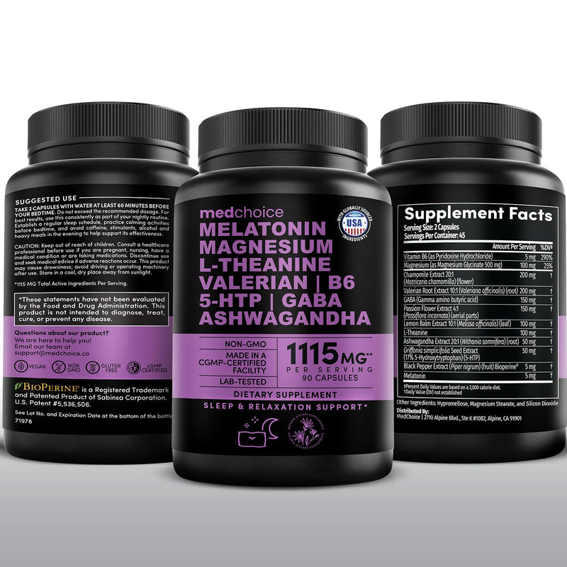 MEDCHOICE 12-in-1 Melatonin 5mg Sleep Capsules with Magnesium, 90ct | Nighttime Relaxation Support, Melatonin 5mg with Magnesium Glycinate, Ashwagandha and GABA, Sleep Supplement 90 Count (Pack of 1)