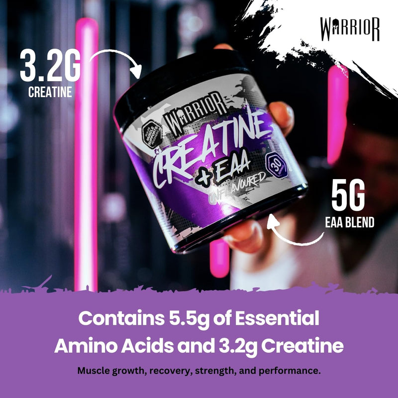 Warrior Creatine Monohydrate Powder + EAA 270g (30 Servings) – Pure Creatine with Essential Amino Acid Supplements for Muscle Recovery & Growth, Pre & Post Workout for Men & Women – Unflavoured