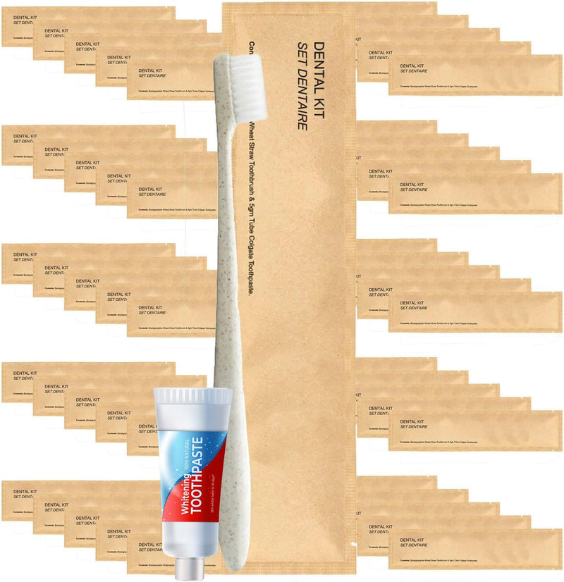 [Australia] - World Amenities Kraft Paper Dental Kit - Wheat Straw Toothbrush and Toothpaste Dental Care Kit (25) 25 