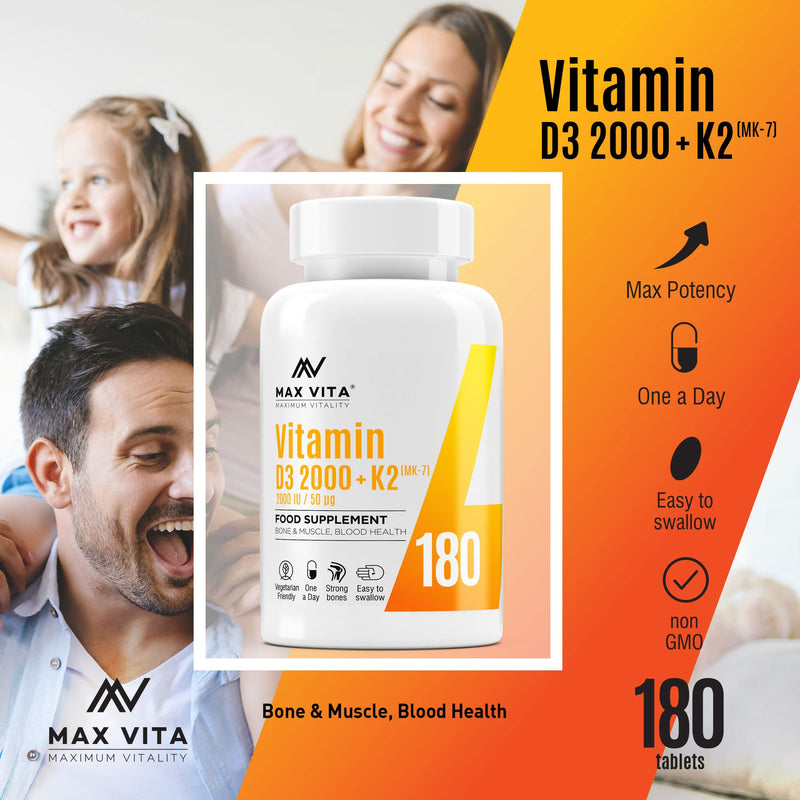 Vitamin D3 2000 IU K2 (MK-7) 100mcg - High Strength Vegetarian 180 Tablets - D3 K2 Cholecalciferol & Menaquinone from Natto - Bones Muscle Teeth Immune System Support - UK Made Non GMO