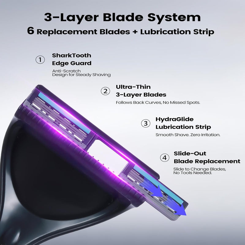 [Australia] - Back Shaver for Men - Retractable Long Handle Back Hair and Body Shavers,Replaceable Multi-Layer Double Blades（8PCS）, Ergonomic DIY Wet or Dry Shaving Solution（Black） Black 