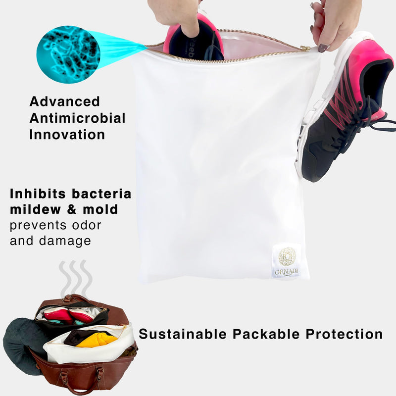 Antimicrobial Wet Swimsuit Bag Waterproof Odor & Mildew Control | White & gold, 2-layer, stain-resistant, inhibits odor-causing bacteria, machine wash, for swim, gym, spa & travel laundry