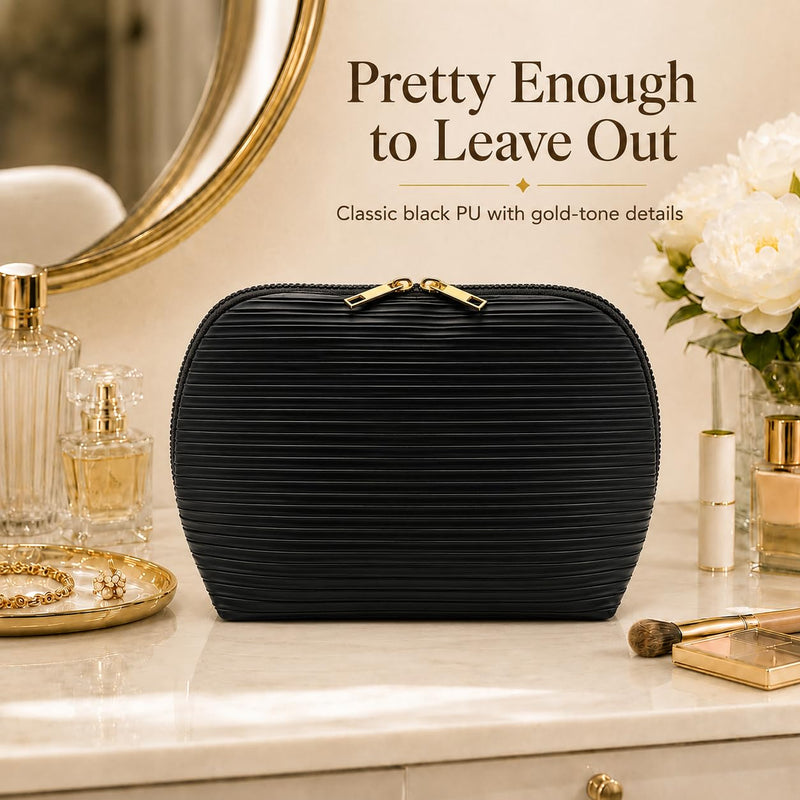 Waterproof Fold-Down Travel Makeup Bag for Women, Cosmetic Organizer with Multi-pocket, Stand Toiletry Bag (Basic Version, Black, Medium)