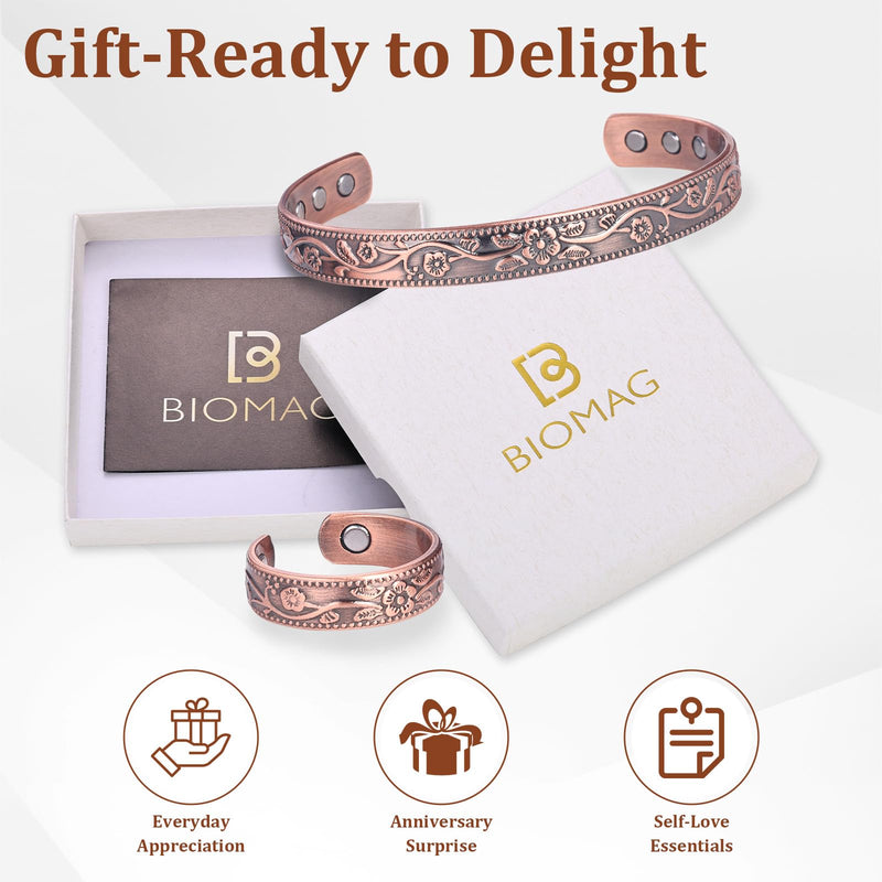 [Australia] - BioMag Copper Bracelet & Ring for Women, 99.99% Pure Copper Magnetic Bracelet Lymphatic Drainage Rings with 3500 Gauss Magnets, Adjustable & Flower Pattern 