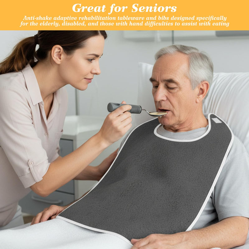 Adult Bibs and Twistable Cutlery with Chunky Handles Utensils Set for Elderly Arthritic Disabled Reuasable Clothing Protector and Meal Aids