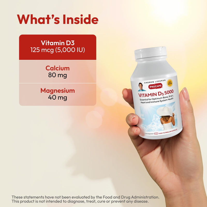 ANDREW LESSMAN ProCaps Vitamin D3 5,000 IU, 180 Capsules | Cholecalciferol with Calcium & Magnesium to support calcium absorption. Small, easy-to-swallow capsules. 180 Count (Pack of 1) 5000 IU