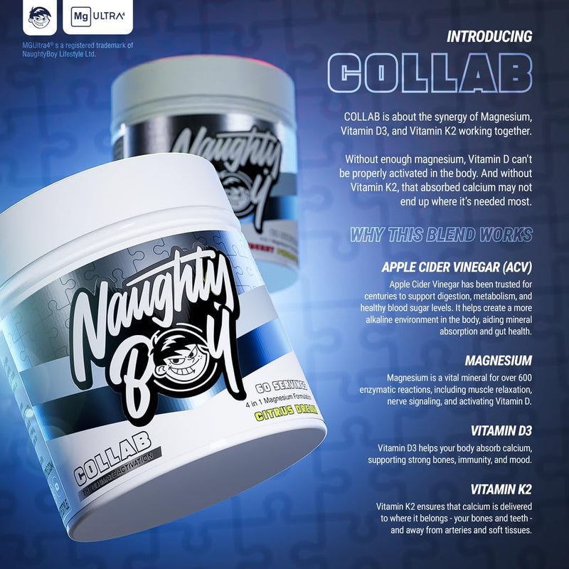 Naughty Boy Collab - 4 in 1 Magnesium, High Dose of Vitamin D3 3000IU, Vitamin K2 180mcg MK7, Organic Apple Cider Vinegar, No Artifical Colours, Stevia, 60 Servings/198g - Strawberry Pineapple