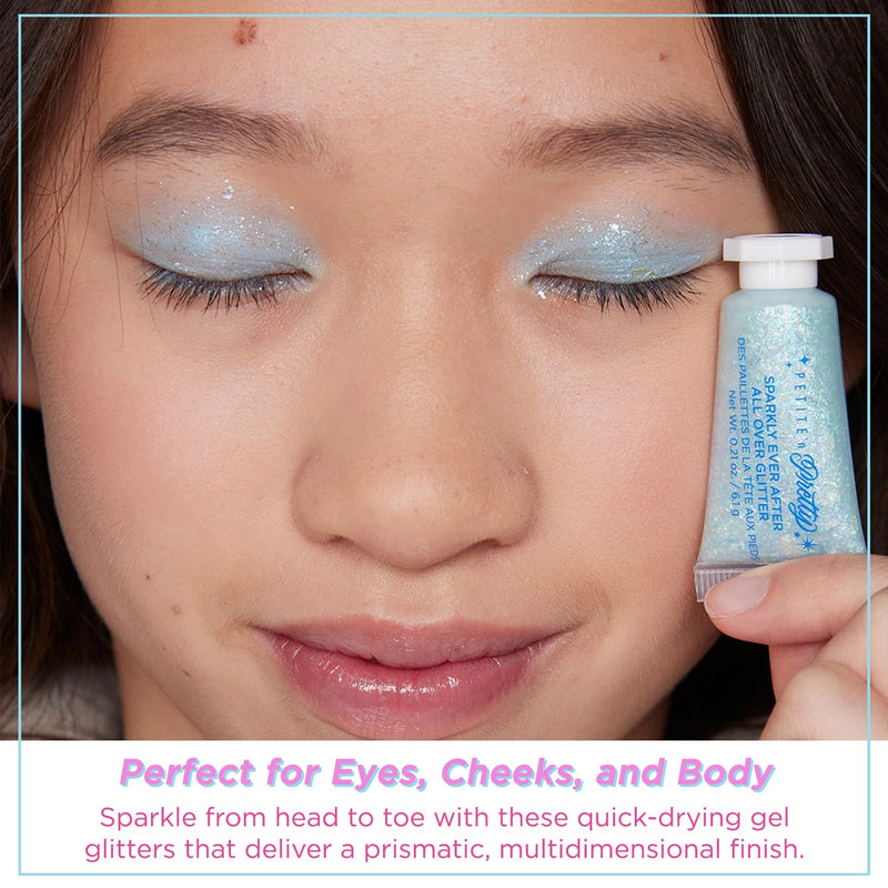 [Australia] - Petite 'n Pretty Sparkle Storm Makeup Gift Set for Kids, Tweens and Teens - Cool Vibes Eye & Cheek Palette, Brushes, 10K Shine Lip Gloss, Sparkly Ever After All Over Glitter in Blue Sherpa Bag 