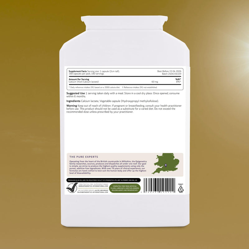 Calcium Lactate | Calcium 60mg Pure Capsule | Bone & Skeletal Health | 180 Vegan Capsules UK Made | 1 Capsule Daily (6 Month Supply), Natural Ingredients