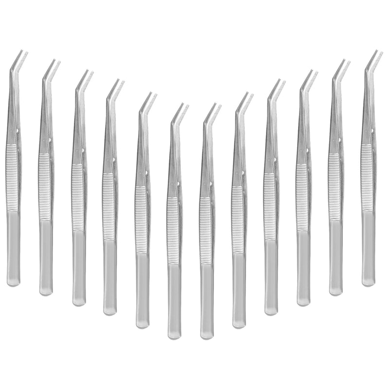 12 Pcs Stainless Steel Tweezers Multipurpose Sewing Machine Forceps Bulk with Curved Serrated Tip for Crafting (Silver)