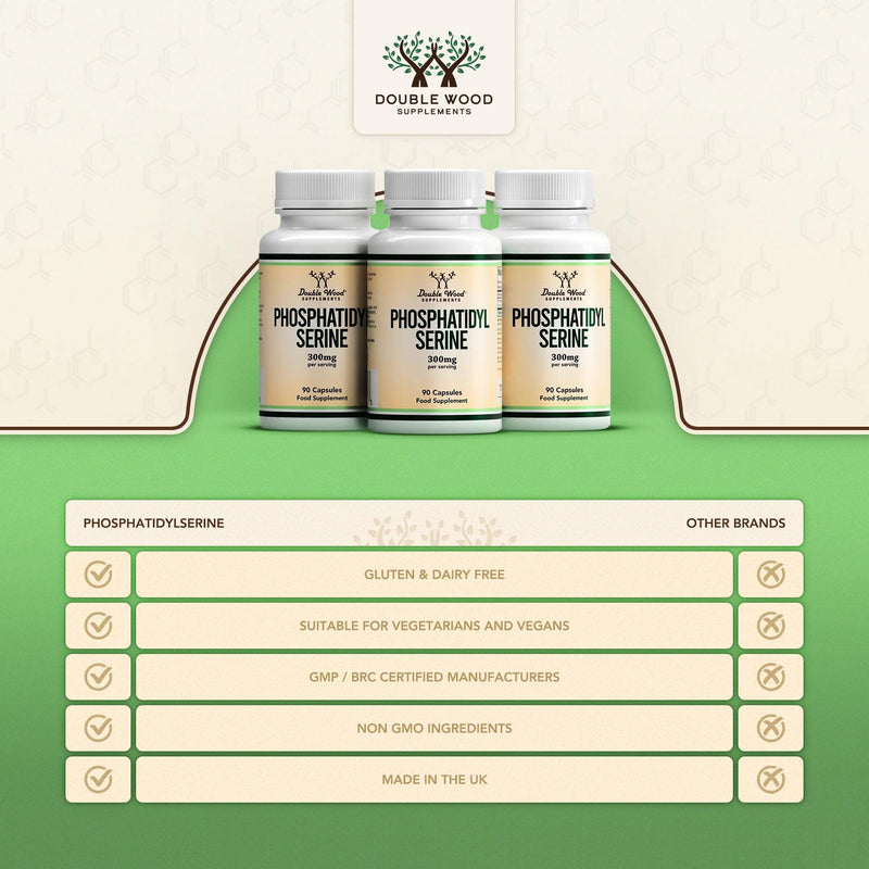 Double Wood Phosphatidylserine Supplement | 90 High Strength Phosphatidylserine Capsules - 300mg per Serving | Non-GMO & Gluten Free 90 count (Pack of 1)