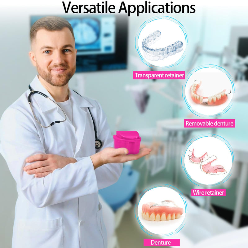 [Australia] - 2 Pack Colors Denture Bath Case Cup Retainer Cleaner Holder Case False Teeth Soaking Container Dental Bath Storage Box Case with Strainer Basket and Brush - Rose Red & Black 