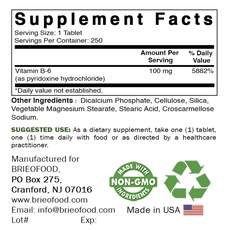 Brieofood Vitamin B6 100 mg 250 Tablets