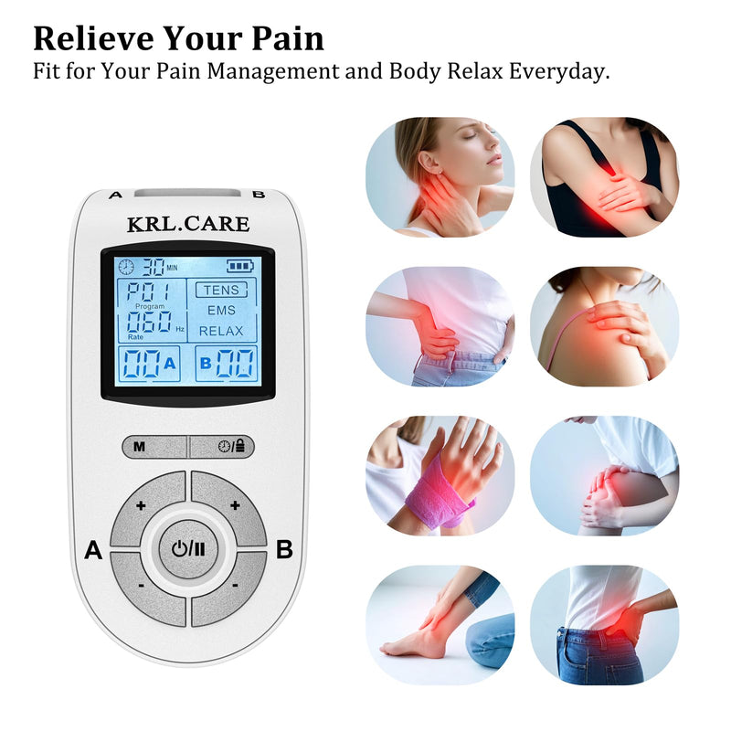 Dual Channel TENS EMS Unit 40 Intensities for Gradual Pain Relief Therapy, 24 Modes Muscle Stimulator, Electronic Pulse Massager with 8 Pads, Dust-Proof Drawstring Storage Bag