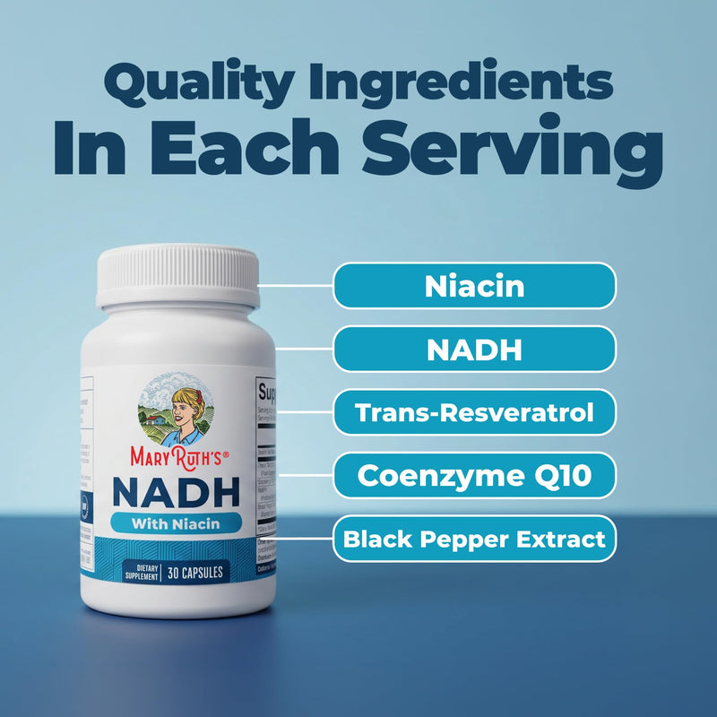 MaryRuth's NADH Capsules, Niacin, NAD+ Precursor, 30 Servings, CoQ10, Vegan | Trans-Resveratrol, Cellular Energy, Non-GMO, Gluten Free