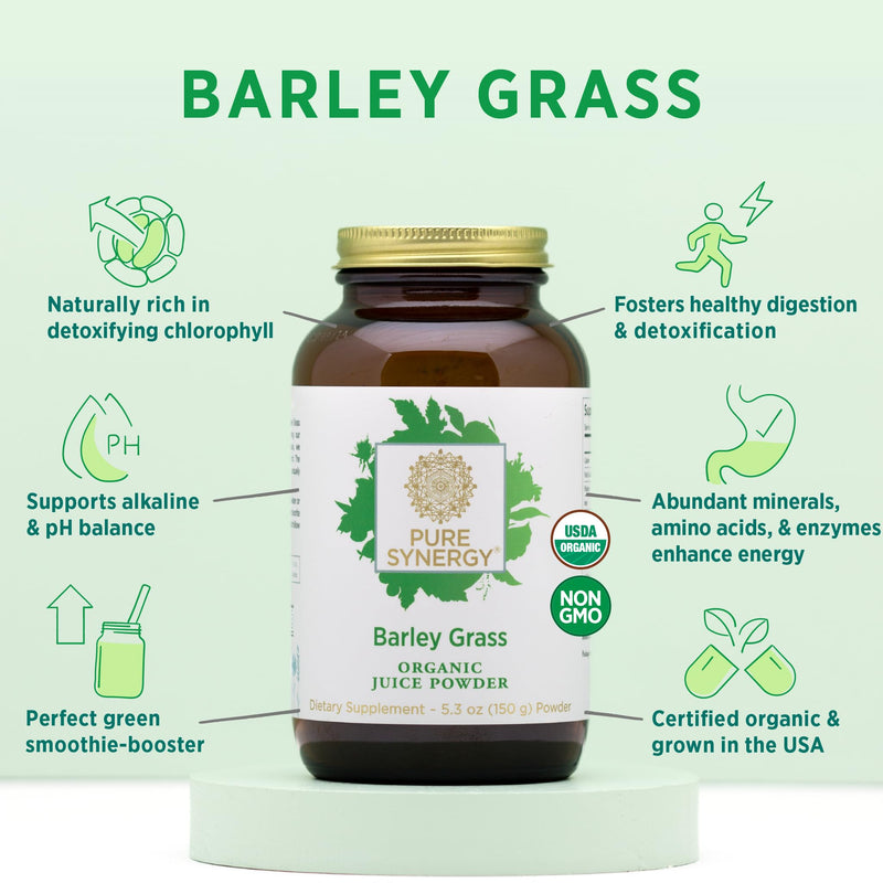 [Australia] - PURE SYNERGY Organic Barley Grass Juice Powder | Chlorophyll-Rich Greens Powder | Organic Cold-Pressed Barley Grass Juice | for Energy, Detox, and Digestion Support (5.3 oz. Powder) 