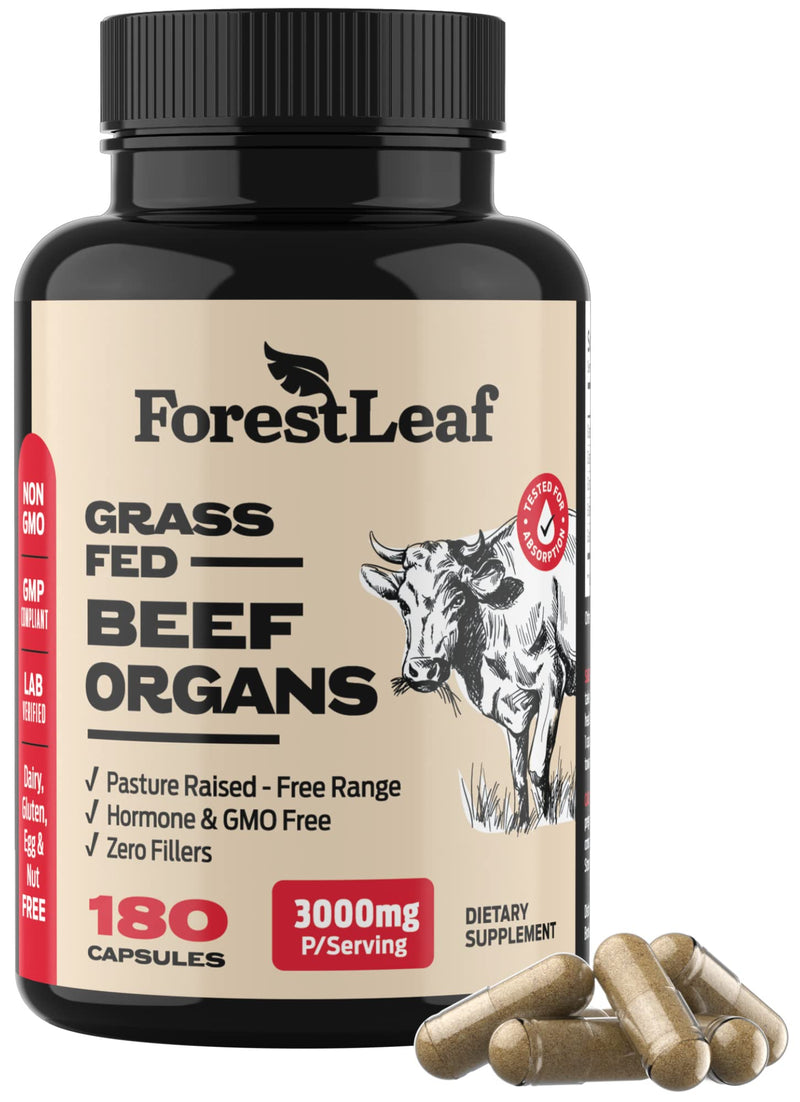 [Australia] - ForestLeaf Beef Organ Supplement - Grass Fed & Pasture Raised - Total Body Wellness & Performance, Organ Complex with 3000mg of Desiccated Beef Liver, Heart, Kidney, Pancreas, Spleen (180 Capsules) Unflavor Beef Organ 