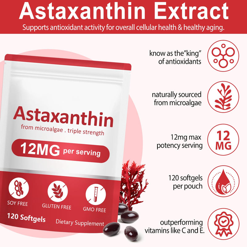 Astaxanthin 12mg, 120 Softgels Premium Astaxanthin Antioxidant Supplements, Support Eye, Joint, Immune & Skin Health, Naturally Sourced from Haematococcus Pluvialis Algae, Non-GMO & No Gluten (1) 1
