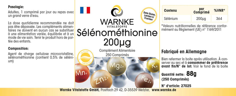 [Australia] - Selenium tablets - 200mcg - Selenomethionine - vegan - 250 tablets | Warnke vital substances - German pharmacy quality 