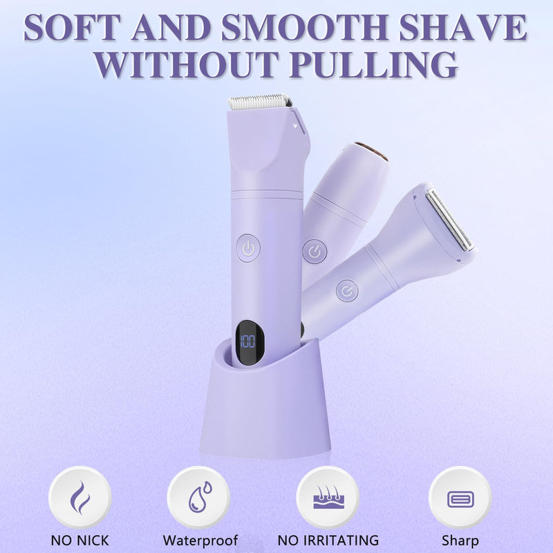 [Australia] - 3-in-1 Bikini Trimmer for Women, IPX7 Waterproof Electric Shaver for Women-Rechargeable Electric Razors for Pubic, Facial & Body Hair Trimmer with LED Display, Travel Kit & Painless Blades (Purple) Purple 