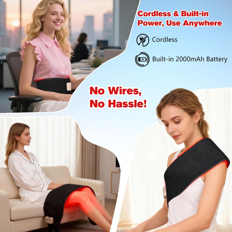 Red Light Therapy Belt for Back Pain Relief, Portable 660nm Light Therapy Wrap for Body and Waist, Rechargeable Cordless Controller SMD 3 in 1 Bulb Light for Joint Pain Relief Muscle Relax C-black